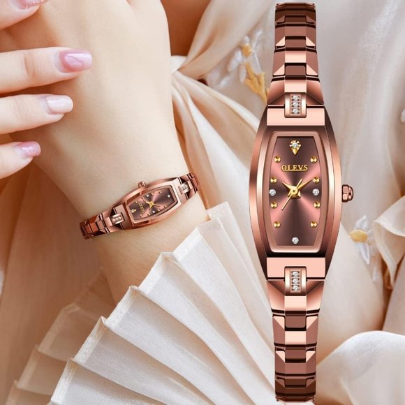 Olevs Slim Thin Rose Gold Steel Band Tonneau Square Quartz Waterproof Wristwatch main image 5